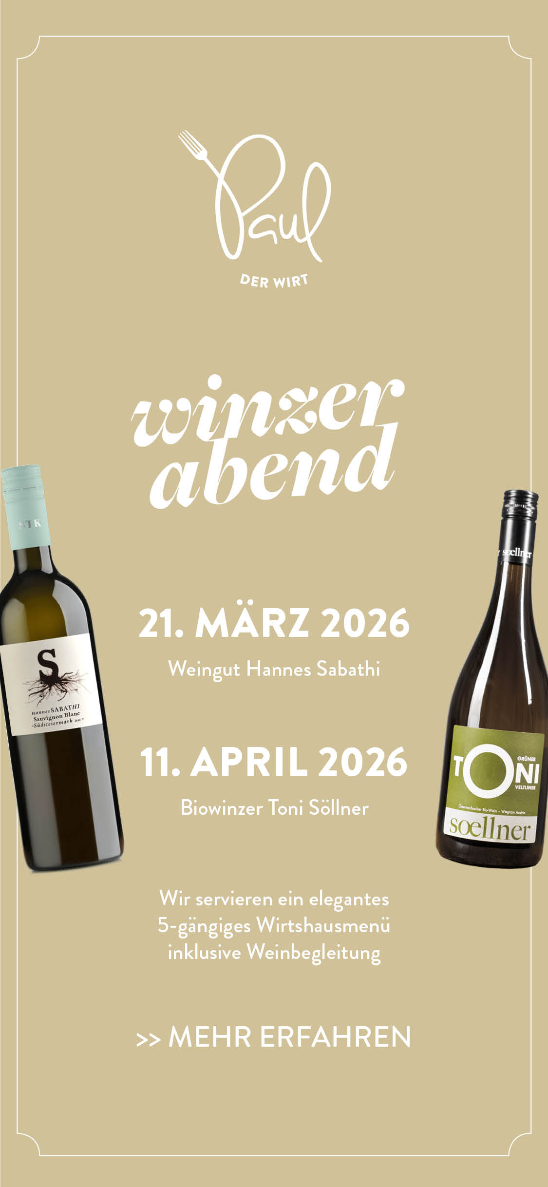 Winzerabend. 21.3.26: Weingut Hannes Sabathi. 11.4.26: Biowinzer Toni Söllner. >>Hier mehr erfahren